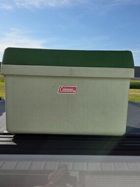 Vintage Coleman Cooler 1970's White/Green 24 x 20 x 14 Metal Handles Made In USA